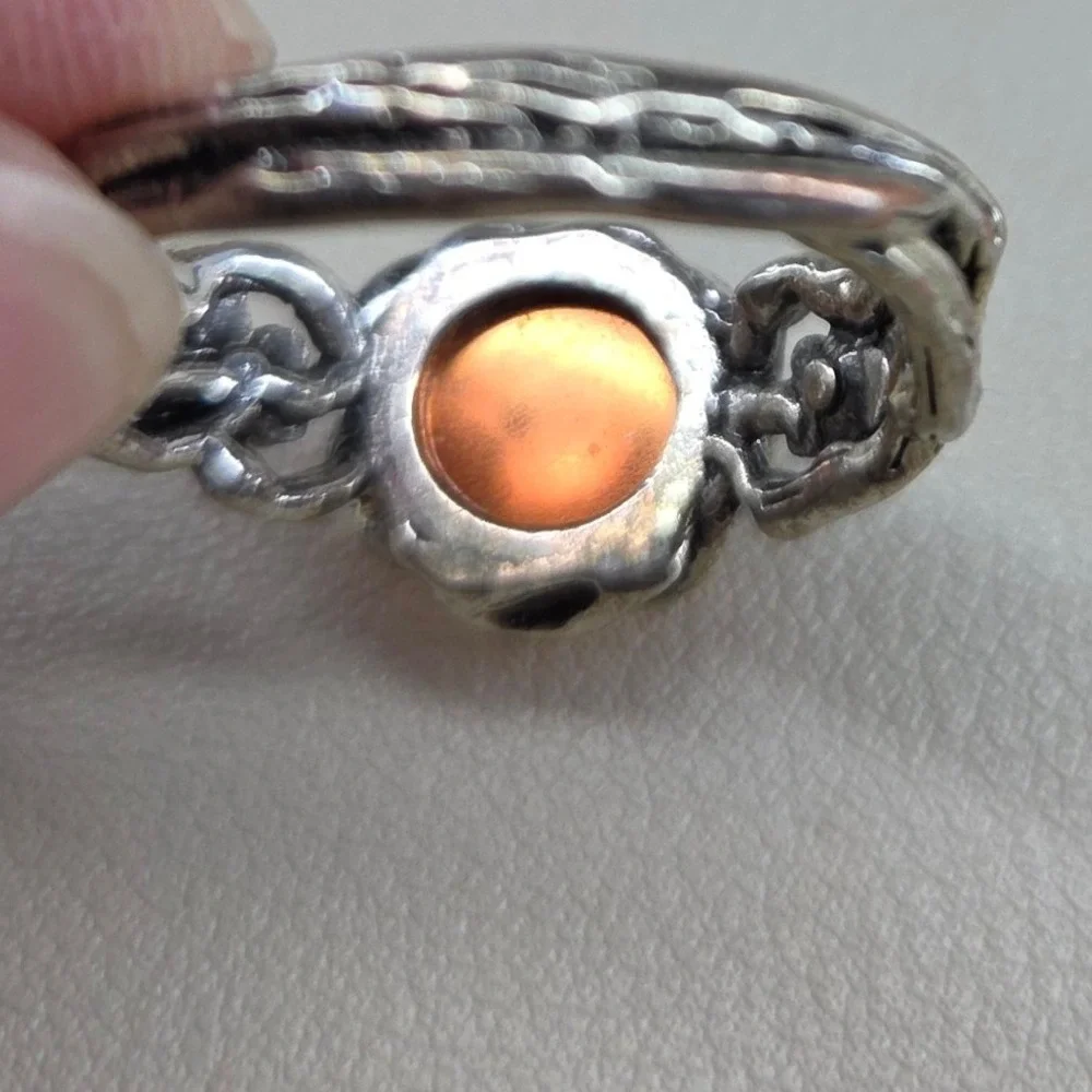 Boho Silver Tone Amber Cabochon Flower Branch Textured Statement Ring Size 10.25
